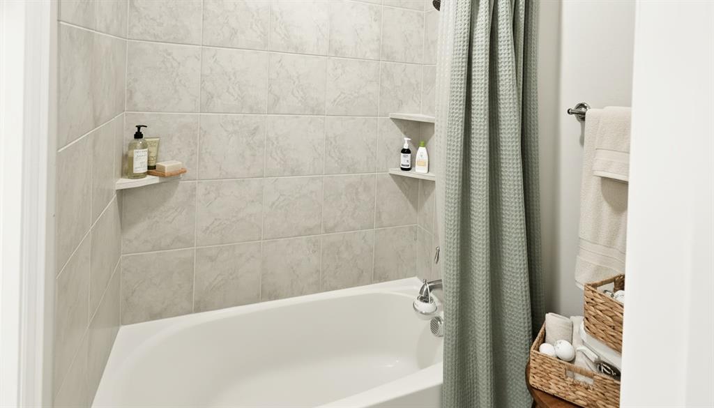 Bathtub with ceramic tile surround, integrated shelving, and stainless steel hardware