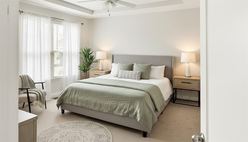 Virtually Staged-Bedroom featuring a -tray ceiling, ceiling fan with light fixture, neutral carpeted flooring, and oversized windows with blinds