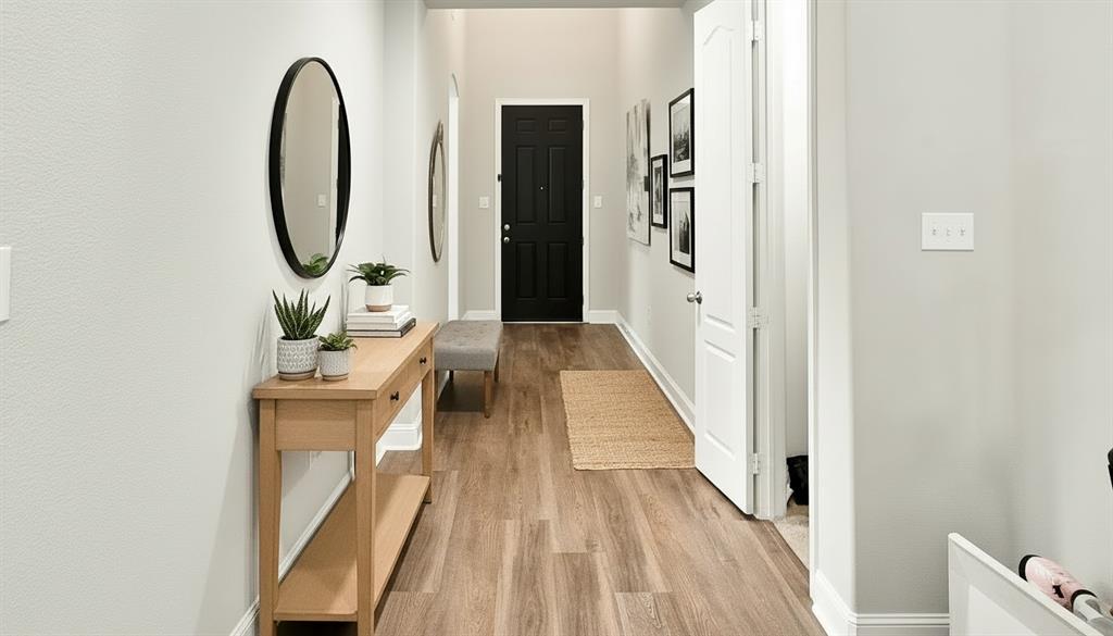 Virtually Staged -Entryway featuring wood-finish flooring, high ceilings, and a high-contrast black entry door with polished hardware