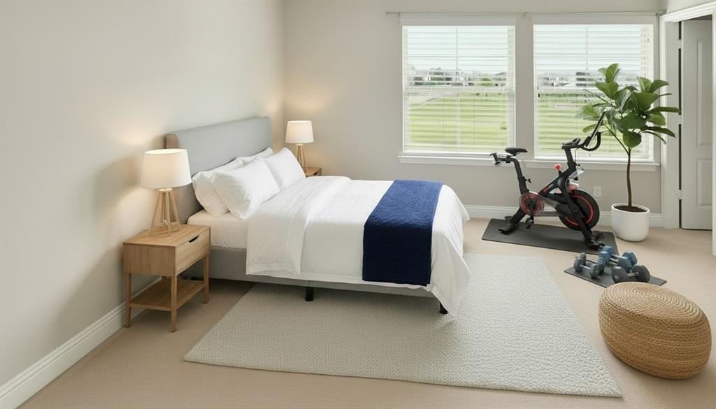 Virtually Staged-Neutral wall color, wall-to-wall carpeting, and dual windows with horizontal blinds