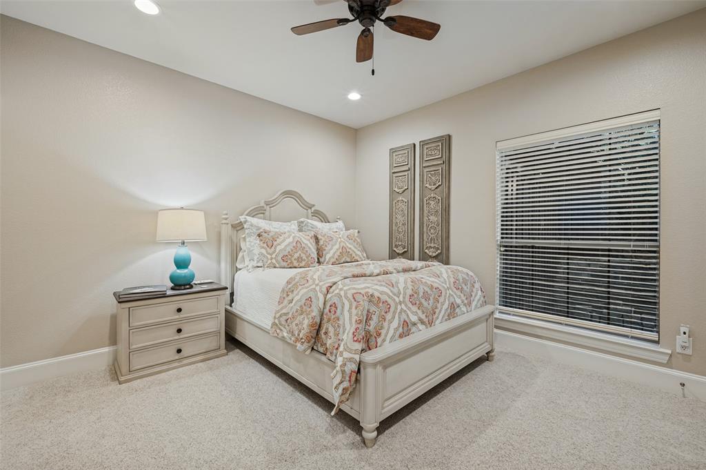 Recessed ceiling lighting, ceiling fan, window with blinds, and light-toned carpeting