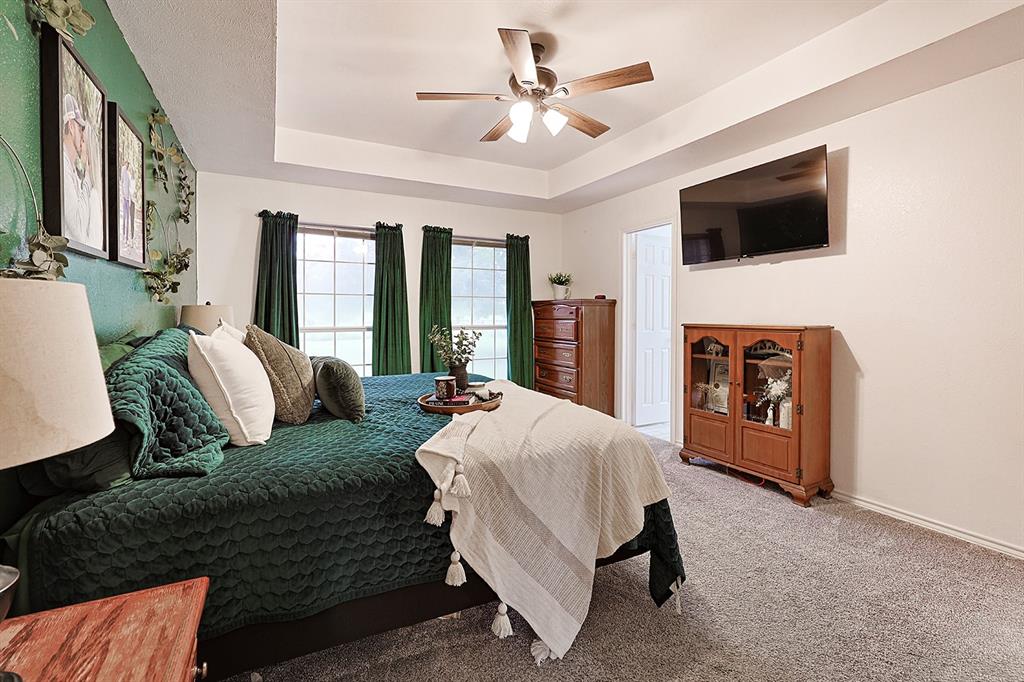 Tray ceiling with central ceiling fan, grid-pattern windows, and neutral carpeting