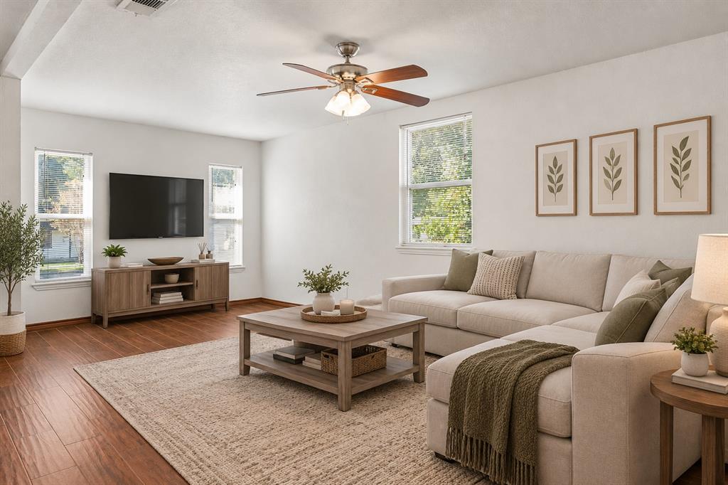 Living Room Side with Ceiling Fan - Virtually staged