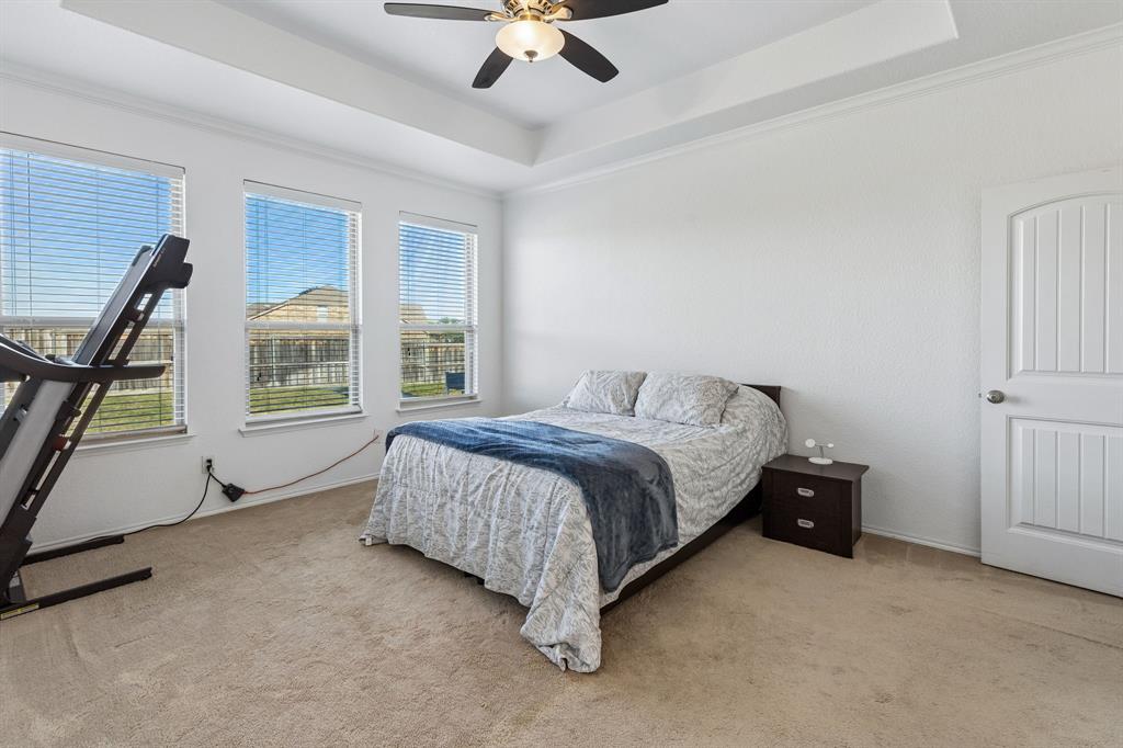 Tray ceiling featuring a ceiling fan, three windows with horizontal blinds, carpeted flooring, and a paneled door with an arched top