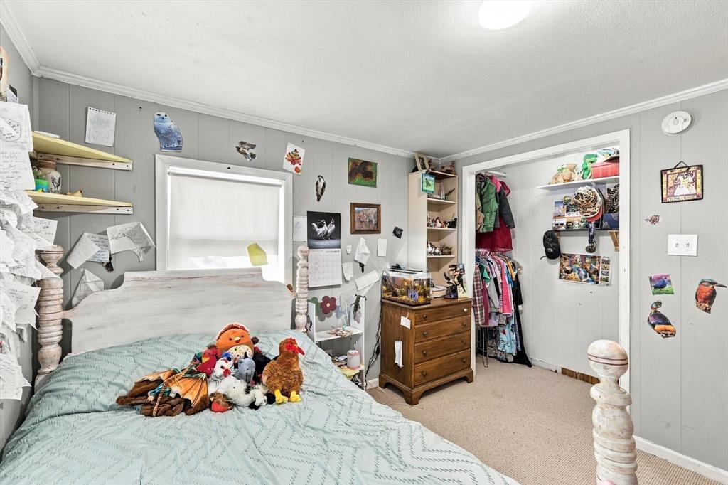 Bedroom featuring neutral wall paneling, wall-to-wall carpeting, and a closet with built-in shelving