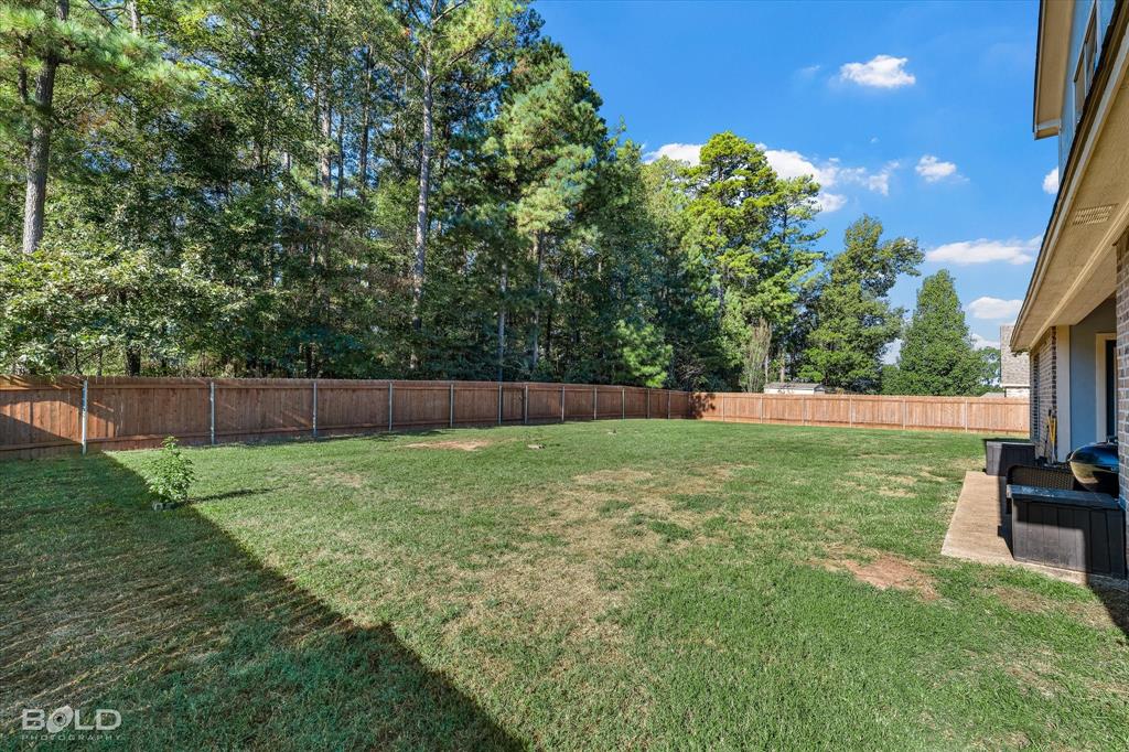 Spacious backyard featuring a manicured lawn, a full-perimeter wood privacy fence, and mature tree-lined borders
