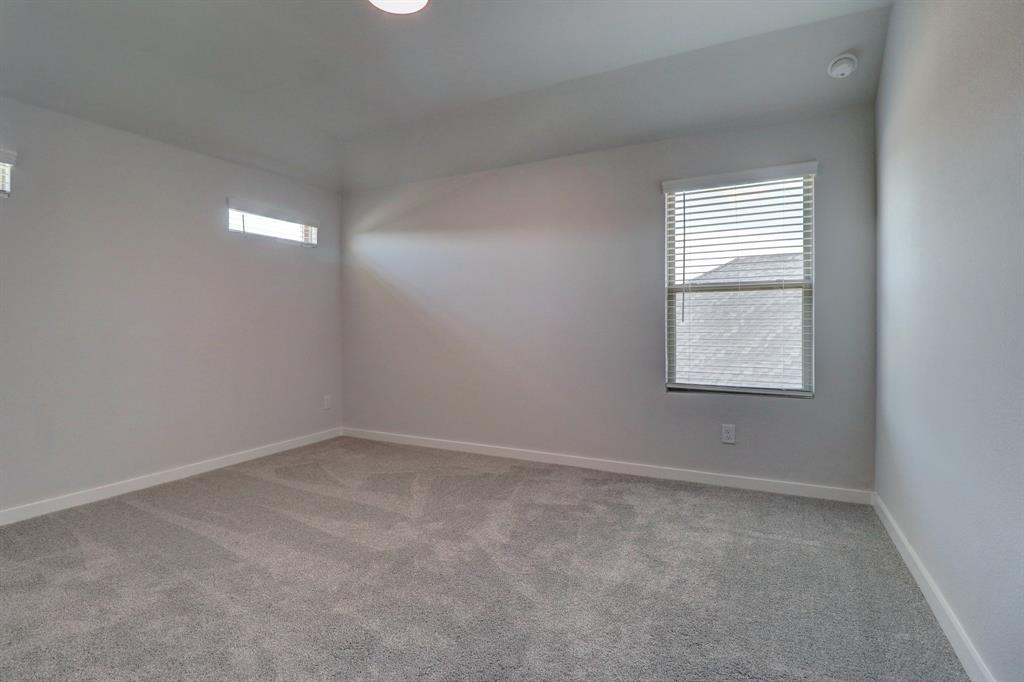 Plush grey carpeting, white wall paint, window blinds, and a ceiling light fixture