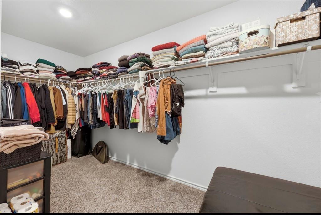 Walk-in closet featuring wall-to-wall carpeting, recessed ceiling lighting, and integrated shelving with mounted garment rods
