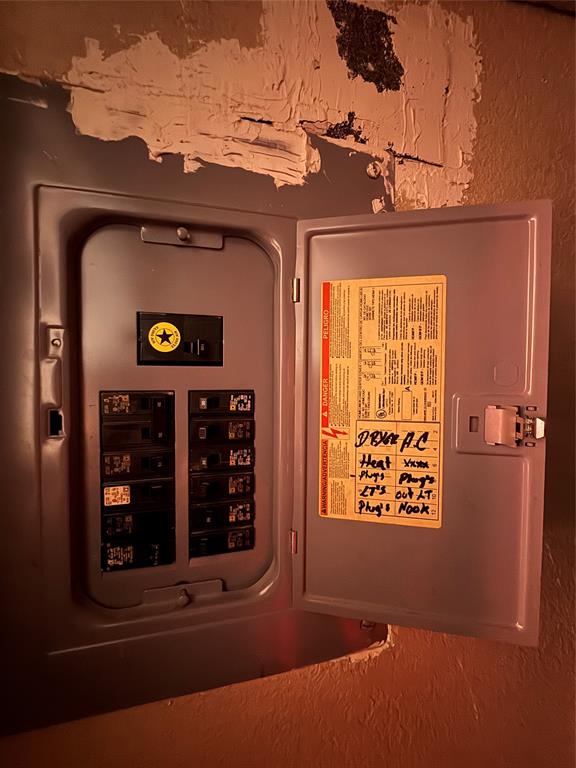 Wall-mounted circuit breaker panel featuring a labeled interior reference chart and multiple individual circuit breakers