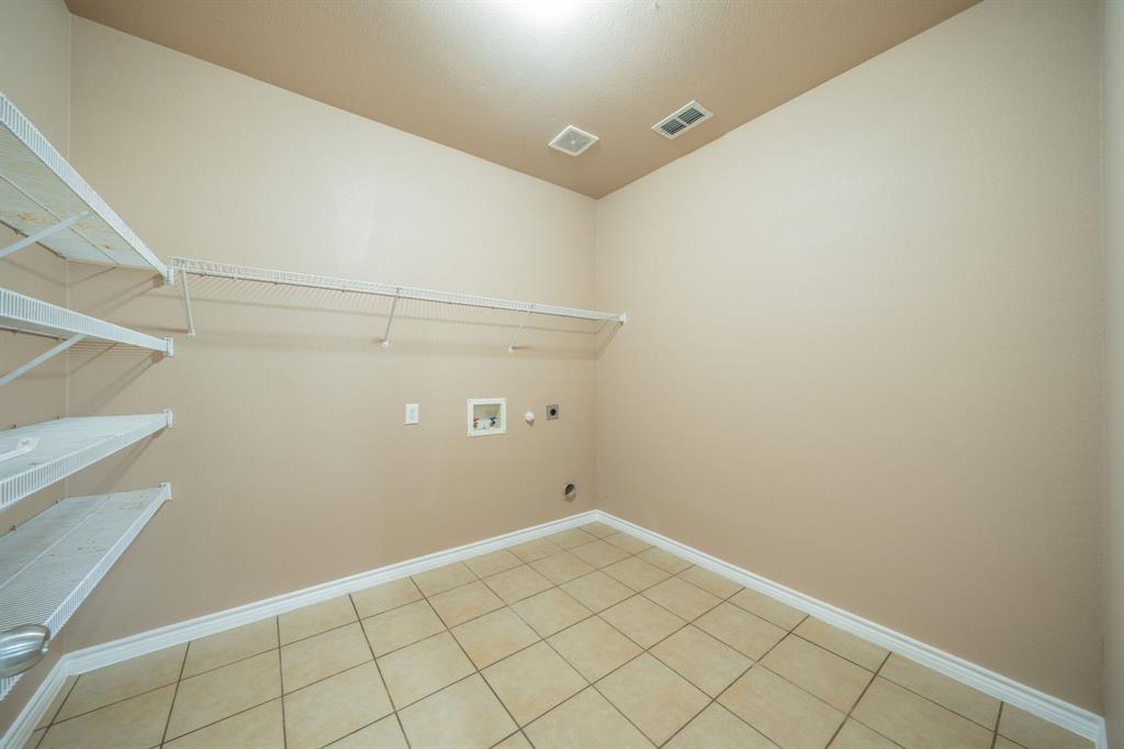 Separate utility room with full size washer and dryer electric connections, room for a freezer and shelving for pantry and shelf above W/D for detergent, bleach etc.