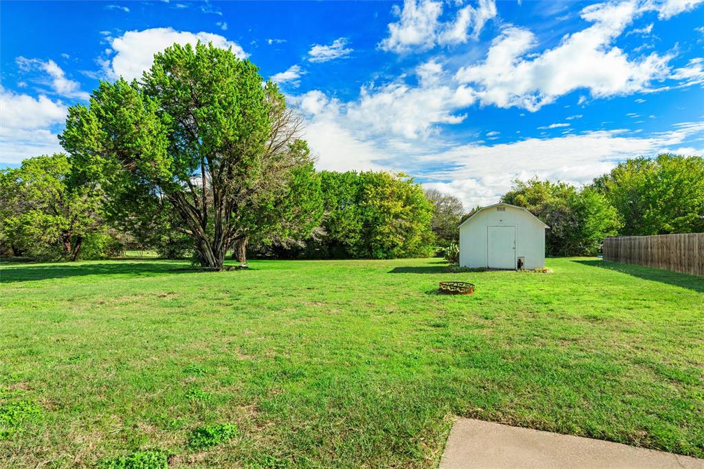 Expansive backyard featuring a mature tree, detached storage structure, and wood privacy fencing