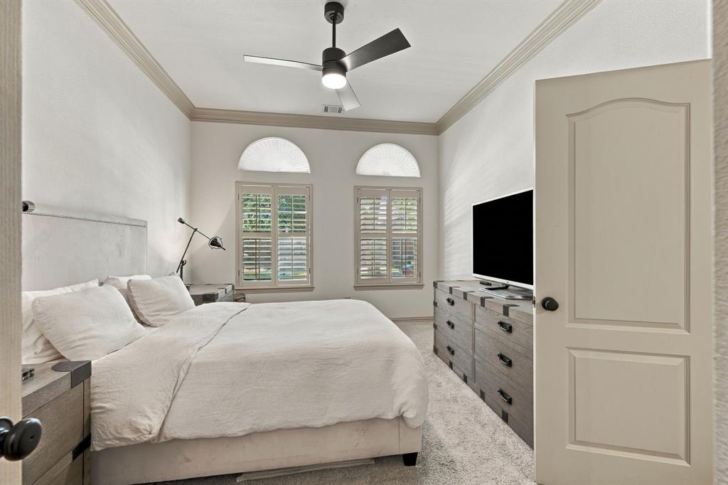 Room featuring crown molding, two arched windows with interior shutters, wall-to-wall carpeting, and a matte black ceiling fan