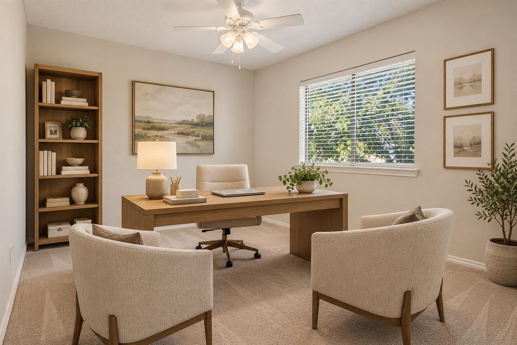 Bedroom that flexes to office space, virtually staged.