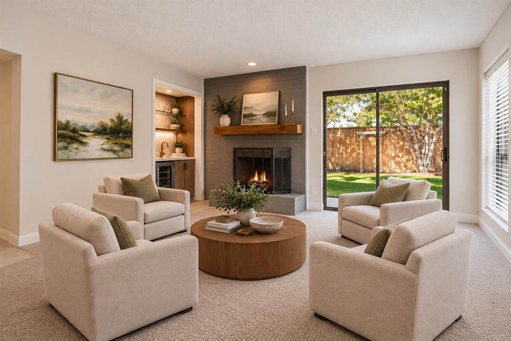 Family room with fireplace and bar alcove, virtually staged.