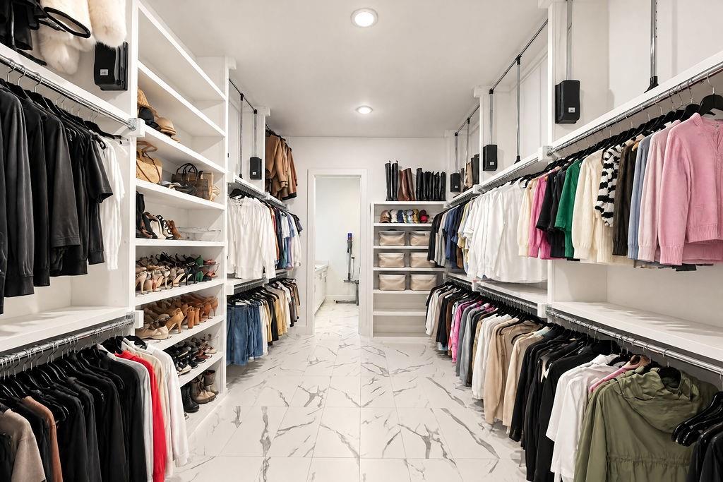 Tile flooring runs through this massive custom primary closet, packed with double-hanging racks and built-in shelving for complete organization