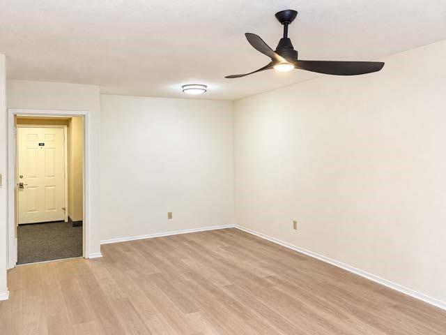 Interior room featuring wood-finish flooring, a matte black three-blade ceiling fan with integrated lighting, and a flush-mount ceiling light fixture