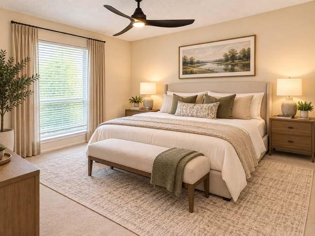 Staged Neutral-toned room featuring a matte black three-blade ceiling fan, wall-to-wall carpeting, and a large window with floor-to-ceiling curtain hardware Staged Neutral-toned room featuring a matte black three-blade ceiling fan, wall-to-wall carpeting, and a large window with floor-to-ceiling curtain hardware