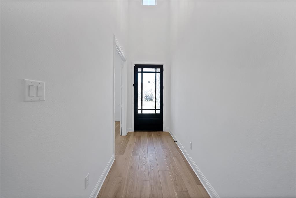 Entry featuring high ceilings, wood-finish flooring, and a multi-pane glass door with a dark frame
