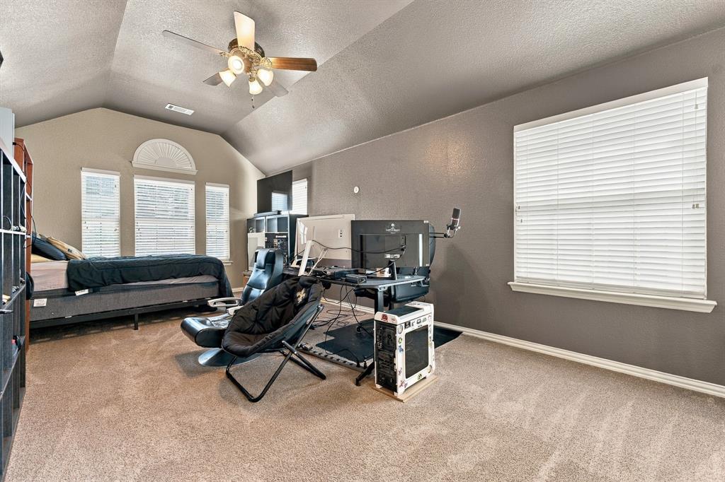 Vaulted ceiling with an integrated multi-blade ceiling fan, expansive windows including an arched accent, and wall-to-wall carpeting