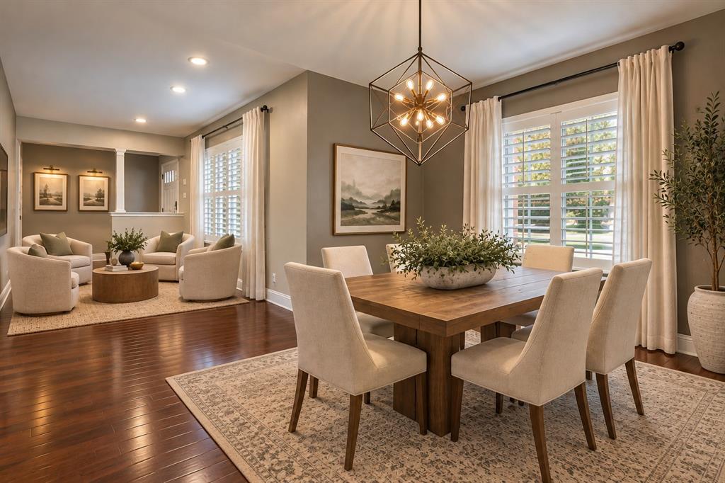 Virtually staged dining looking into formal living