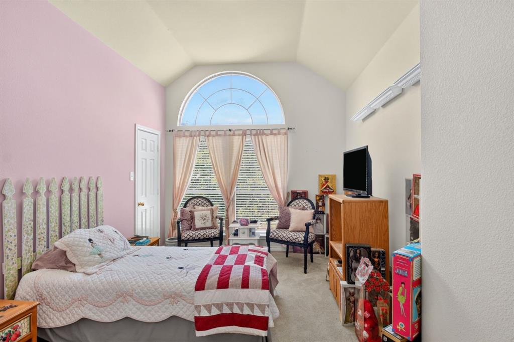 Bedroom with a vaulted ceiling and a tall arched window.