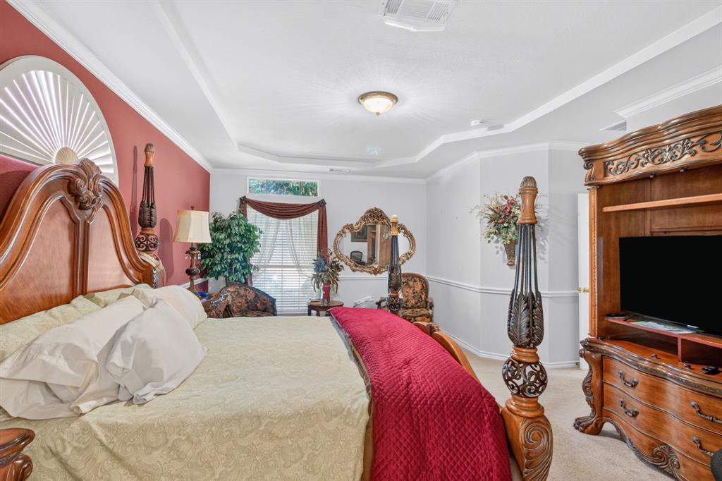 Alternate primary bedroom view highlights the tray ceiling and room layout.