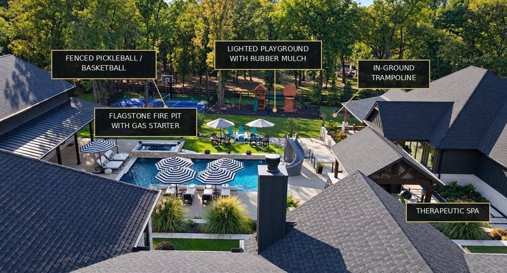An entertainer's dream with a resort-style pool, outdoor kitchen, putting green, pickleball-basketball court, playground, and multiple gathering spaces. An entertainer's dream with a resort-style pool, outdoor kitchen, putting green, pickleball-basketball court, playground, and multiple gathering spaces.
