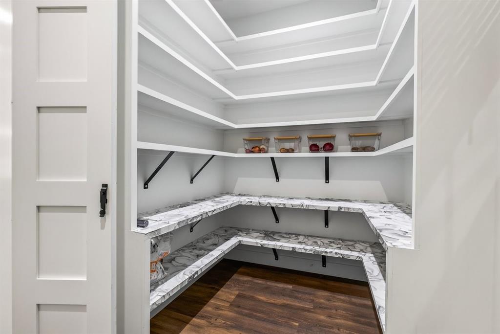 Walk-in pantry offering extensive custom shelving and countertop space for additional storage. Main Residence.