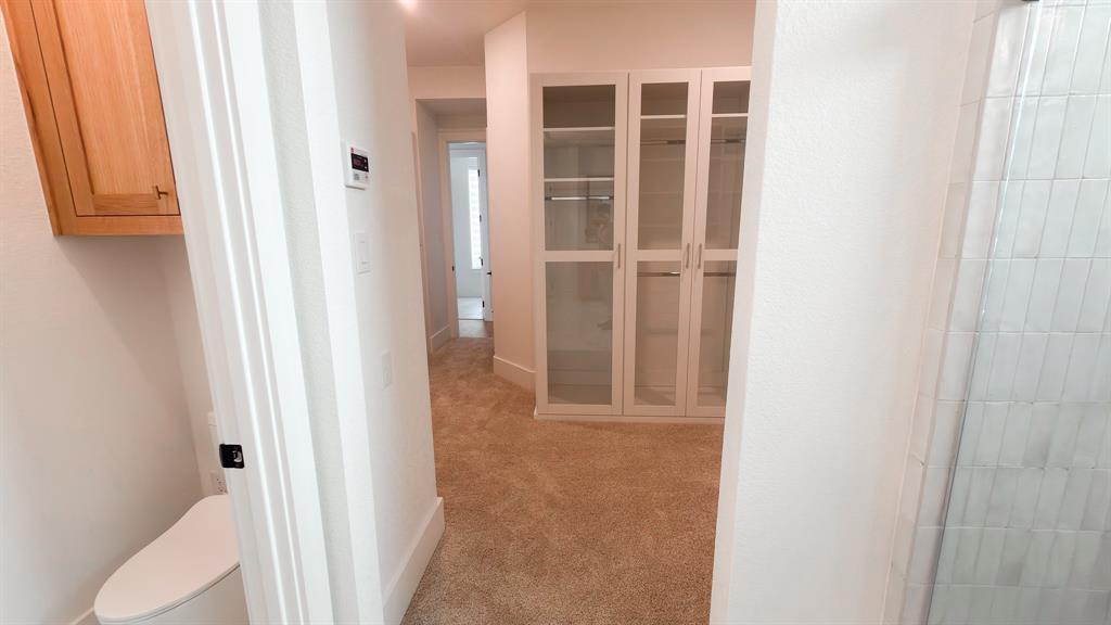 Built-in storage cabinetry with glass-paneled doors, wall-mounted upper cabinetry, carpeted flooring, and tiled shower surround