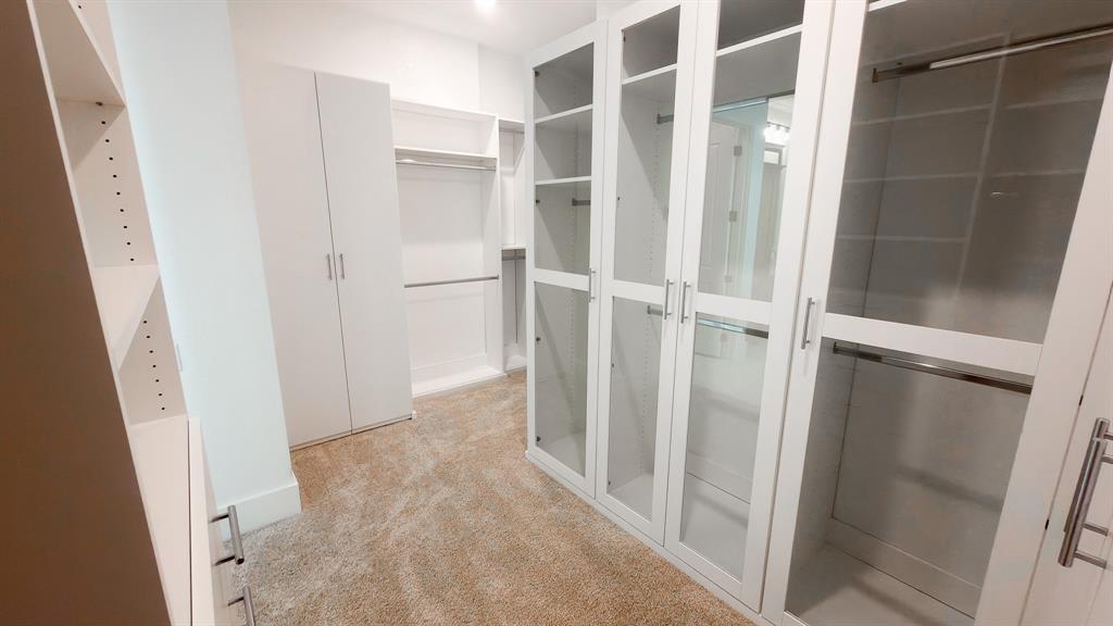 Custom built-in storage system featuring floor-to-ceiling cabinetry, glass-paneled cabinet doors, metal hardware, and adjustable shelving units