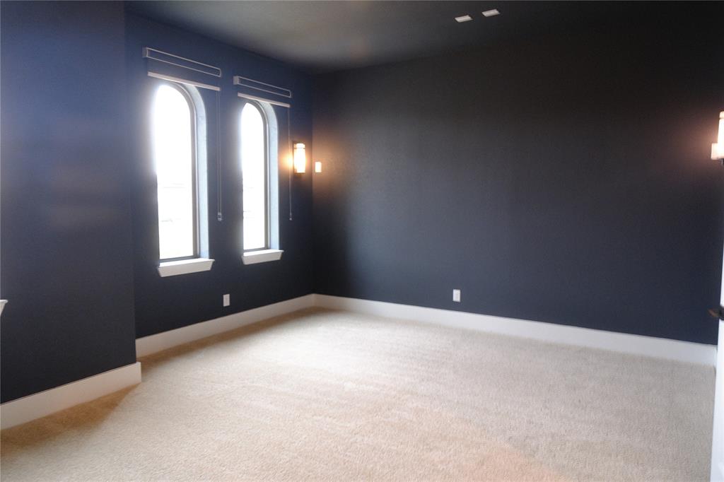 Media room featuring high-contrast wall and ceiling paint, wall-mounted light fixtures, arched windows with integrated blinds, and wall-to-wall carpeting