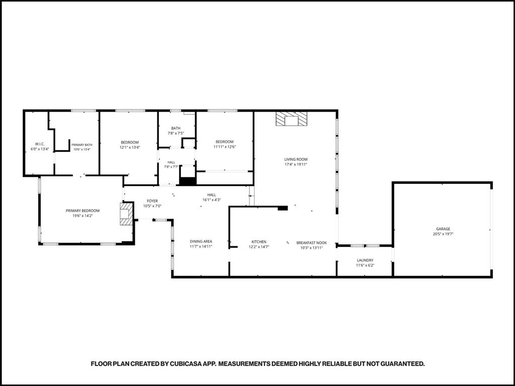 Smart single-story floor plan: 3 bedrooms, 2 baths, two fireplaces, and a two-car garage.