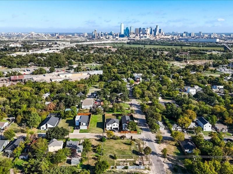 Aerial perspective showcasing an urban residential setting featuring mature trees and a prominent city skyline backdrop