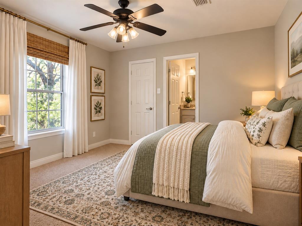 Neutral-toned bedroom featuring wall-to-wall carpeting, a multi-blade ceiling fan with integrated lighting, and a single-hung window with wood-finish blinds