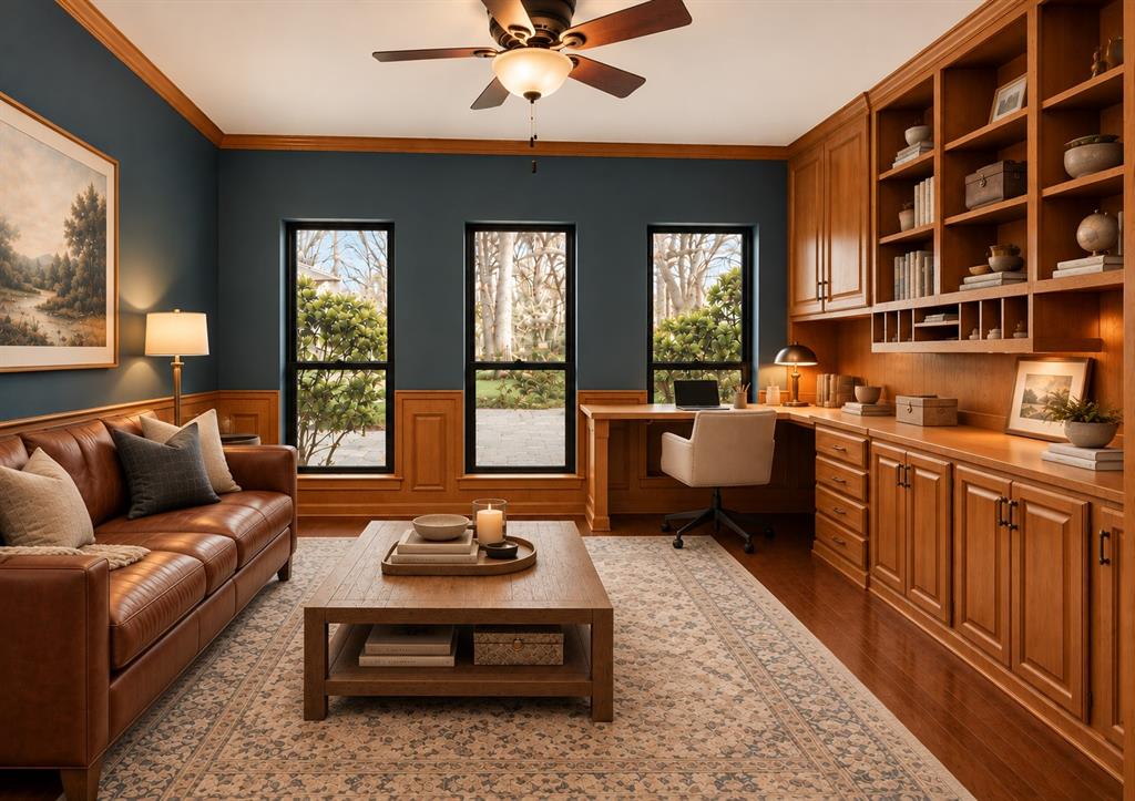 Custom built-in wood cabinetry, integrated desk workspace, wood-finish wainscoting, and wood-finish flooring