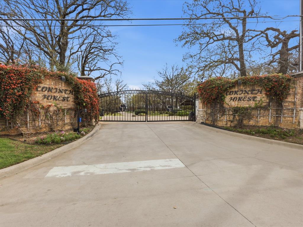 Gated entrance featuring decorative masonry pillars, integrated metal security gates, and mature landscaping
