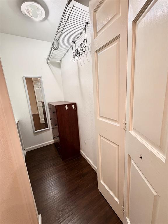 Walk-in storage space featuring wood-finish flooring, white panel doors, and integrated wire shelving