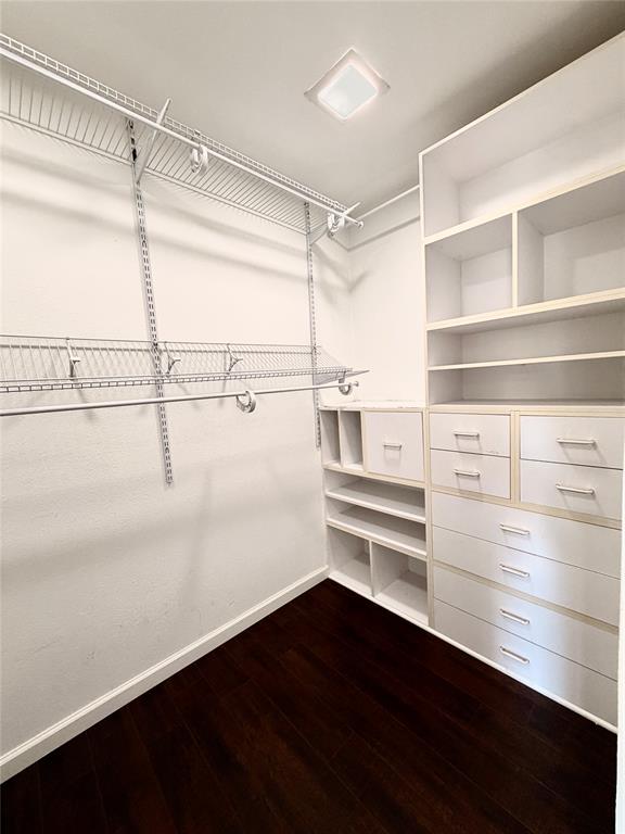 Walk-in closet featuring white built-in cabinetry, multiple drawers, open shelving, integrated wire racking, and dark wood-finish flooring