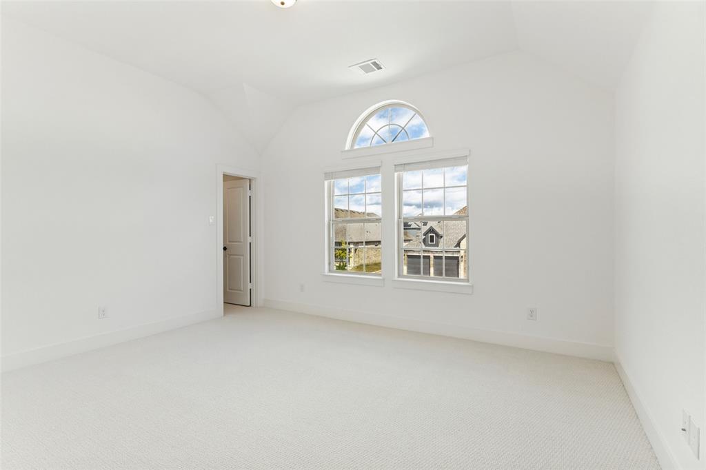 Vaulted ceiling featuring a dual-window configuration topped by an arched transom window, finished with wall-to-wall carpeting