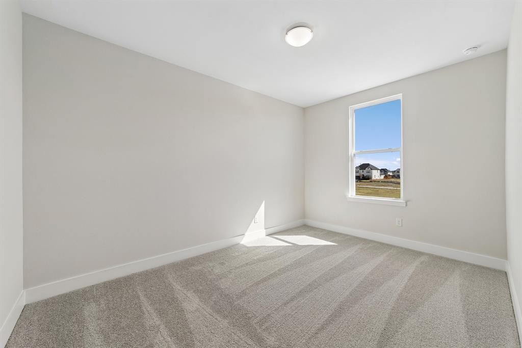 Neutral wall tones, wall-to-wall carpeting, and a single-hung window with exterior landscape exposure