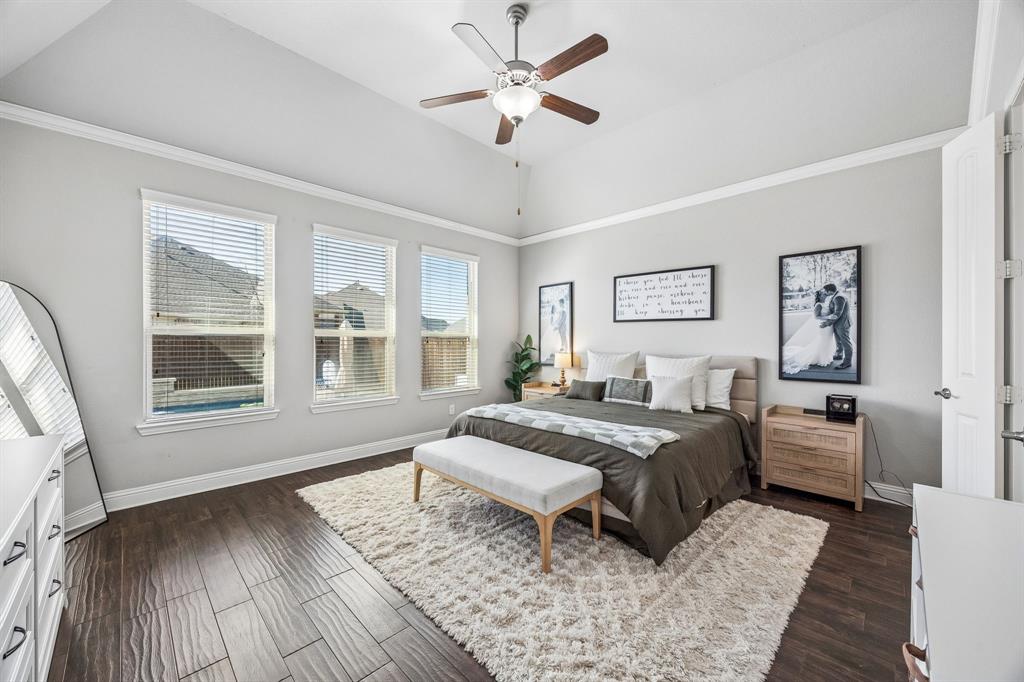 Primary bedroom overlooking the backyard.