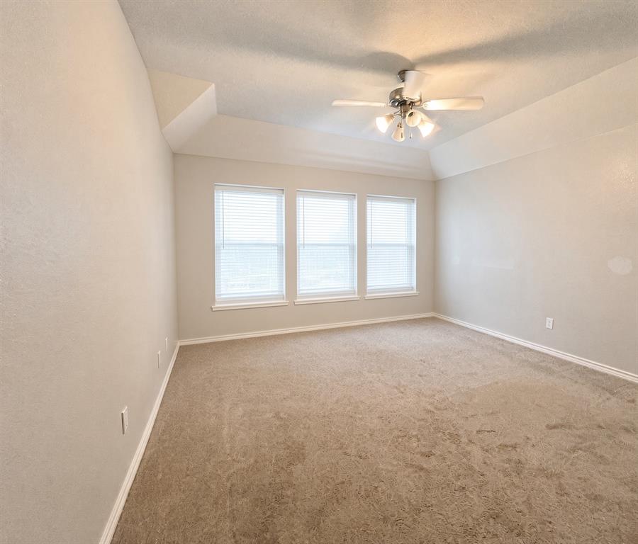 Tray ceiling featuring a central multi-light ceiling fan, neutral wall tones, carpeted flooring, and a trio of windows Tray ceiling featuring a central multi-light ceiling fan, neutral wall tones, carpeted flooring, and a trio of windows