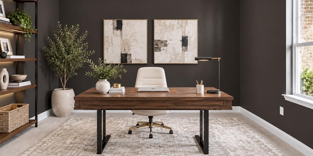 Dark-toned walls, floor-to-ceiling built-in shelving with integrated lighting, and a large window featuring natural light