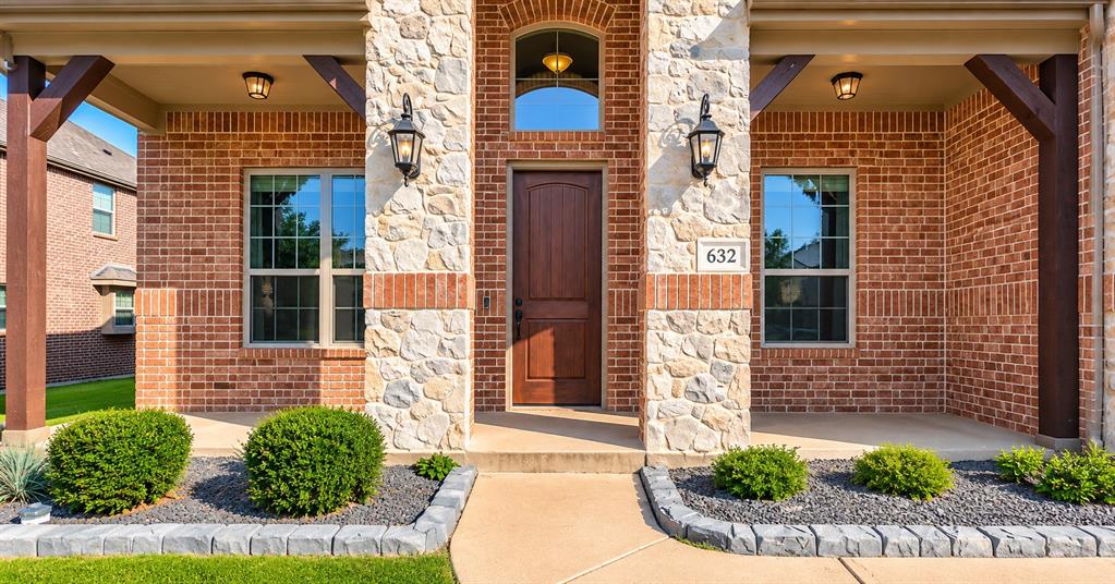 Exterior façade featuring a combination of brick and stone masonry, a covered porch with timber structural supports, a stained wood entry door, an arched transom window, and dual wall-mounted exterior lanterns