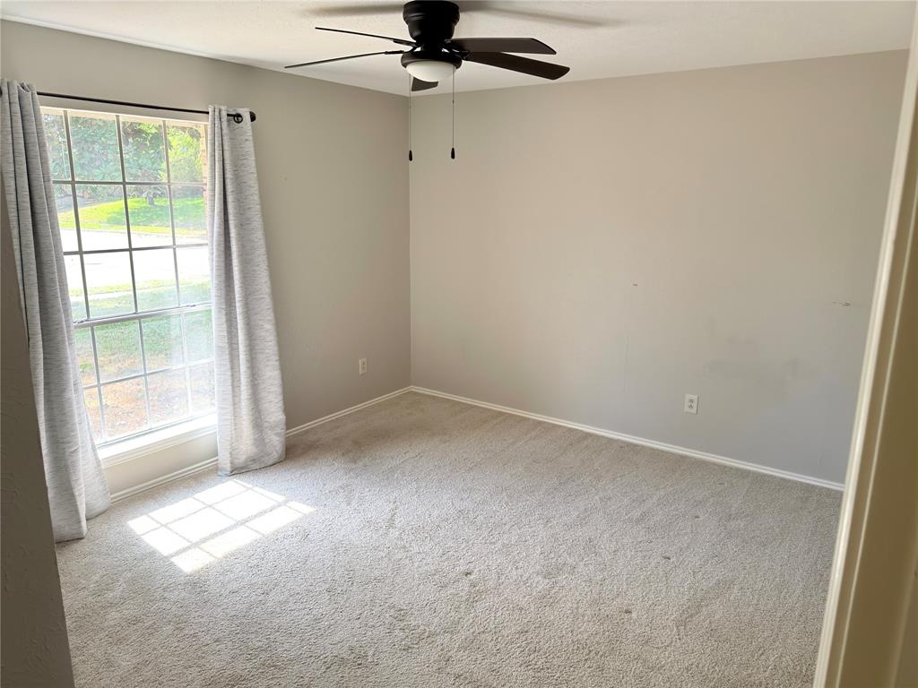 Neutral-toned interior featuring wall-to-wall carpeting, a multi-pane window with grid detailing, and a black ceiling fan with an integrated light fixture