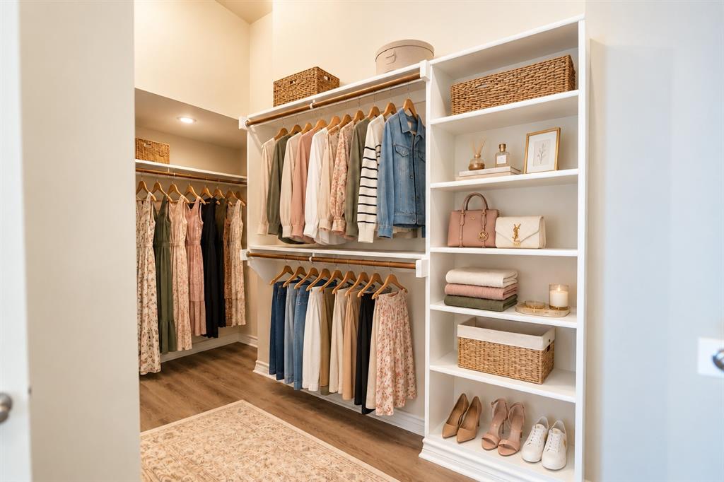 Walk-in closet featuring tiered hanging rods, built-in shelving, and wood-look LVP flooring