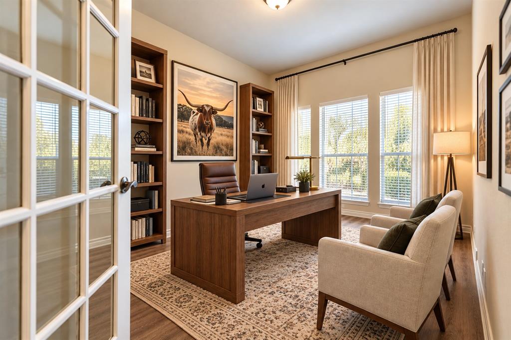 French doors featuring multi-pane glass, dual built-in floor-to-ceiling bookshelves, wood-finish flooring, and expansive windows  *Virtually staged to show potential*