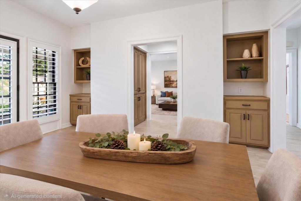 Virtually Staged Built-in cabinetry with integrated shelving, dual shuttered windows, and recessed lighting
