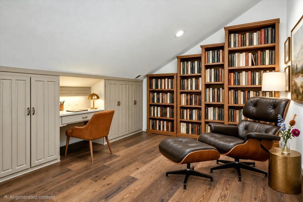 Virtually Staged Sloped ceiling featuring recessed lighting, wood-finish flooring, and built-in cabinetry with an integrated desk