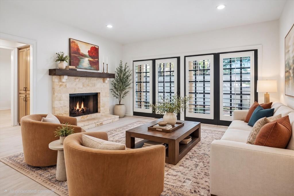 Virtually Staged Living area featuring a floor-to-ceiling stone fireplace, a rustic timber mantel, wood-finish flooring, and multi-panel glass doors with black frames and integrated shutters